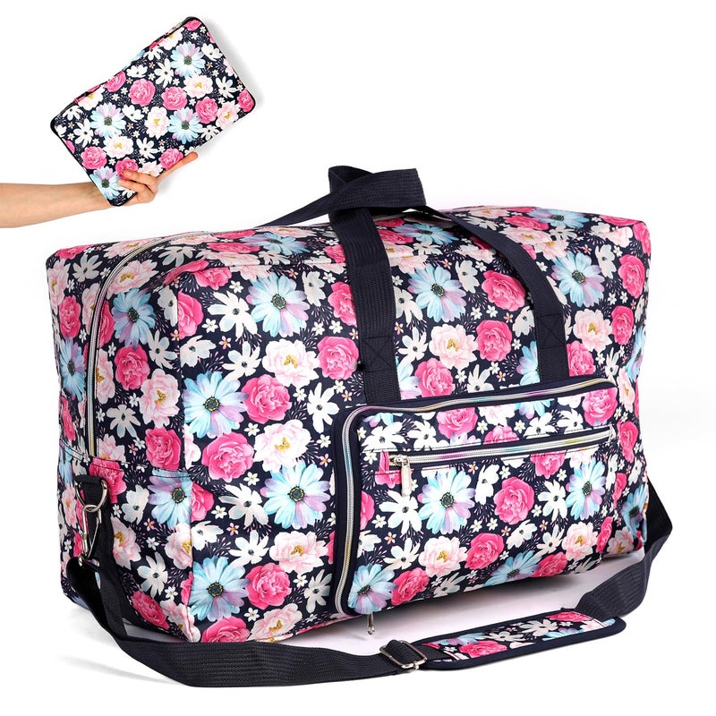 Lyf 22" Foldable Large Travel Duffel Duffle Bag Sports Gym Tote Bag For Women Overnight Carryon Weekend Bag Shoulder Bag Water Resistant (ink flower) - Image 1